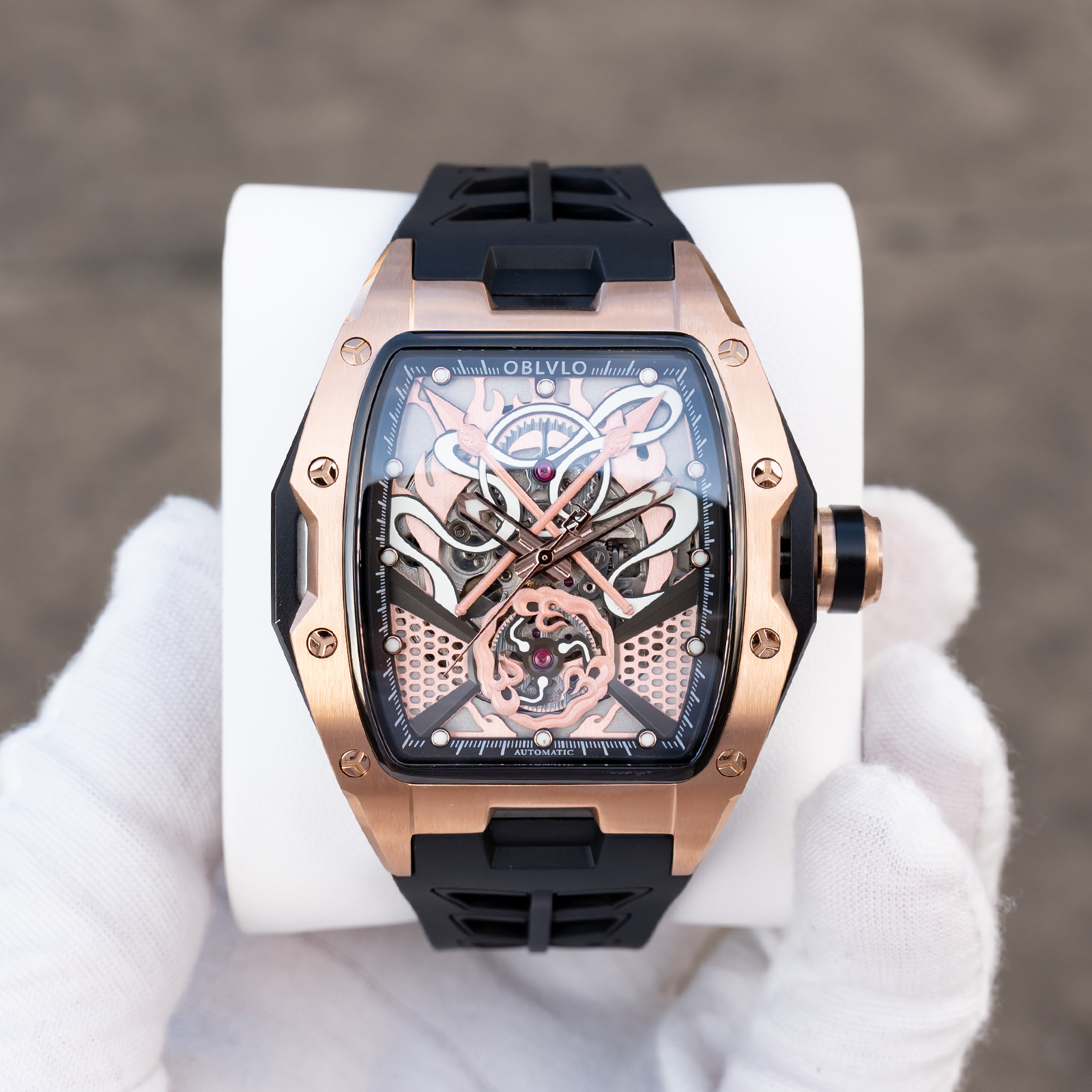 Luxury Watch Nz - OBLVLO Men's Black PVD Tonneau Hollow