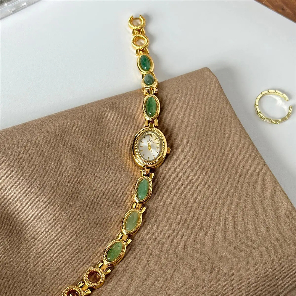 Quiet Luxury Watch - Women's Gold Watch Vintage Brown Jade